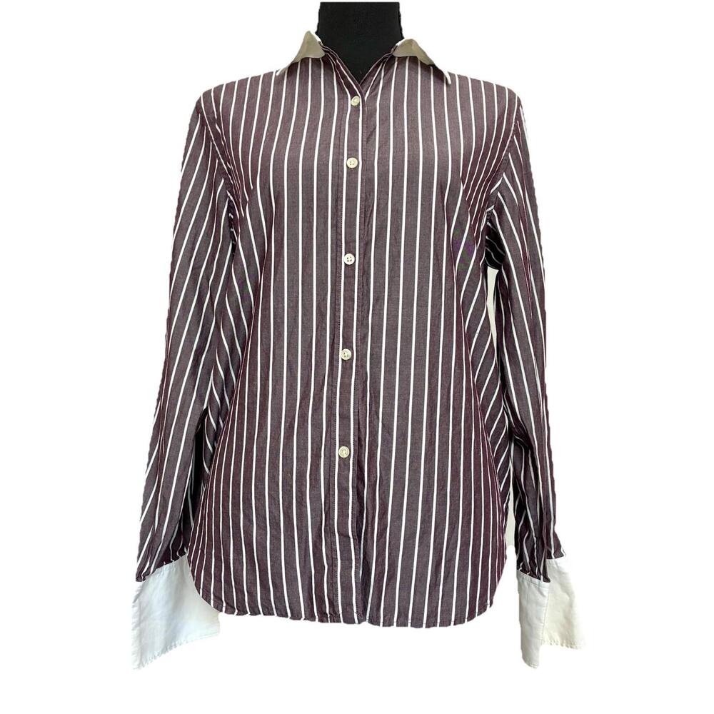 Lauren Ralph Lauren Striped Button Front Shirt Women’s M Burgundy White Contrast